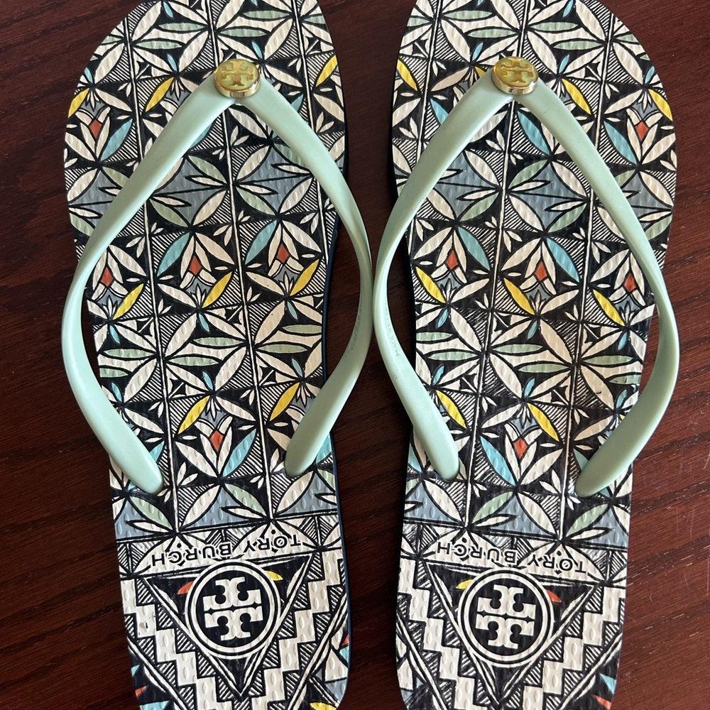 Tory Burch Geometric Mint Flip Flops